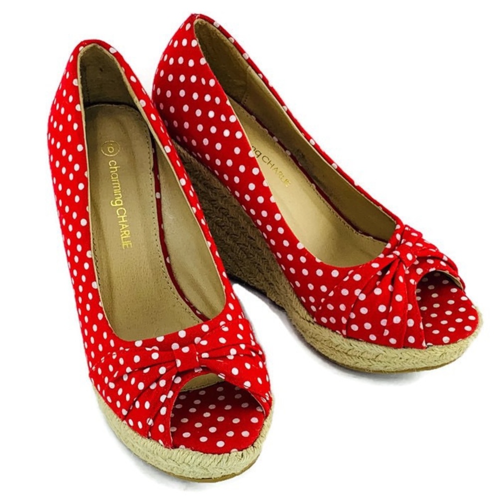 Charming Charlie Red Polka Dots Shoes Wedge Size 6